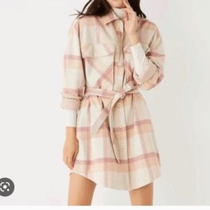 NWT Frank and Oak Pink Plaid Wool Blend Tie Waist Shacket